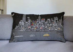 HomeRoots 14" Urban Charm Wool Lumbar Throw Pillow with NYC Skyline Embroidery for Cozy Living Spaces 482510