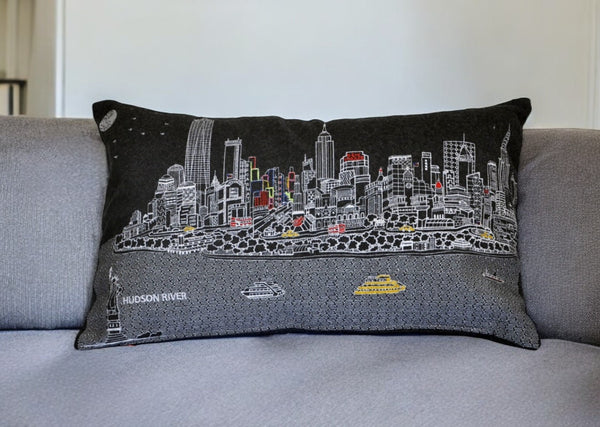 HomeRoots 14" Urban Charm Wool Lumbar Throw Pillow with NYC Skyline Embroidery for Cozy Living Spaces 482510