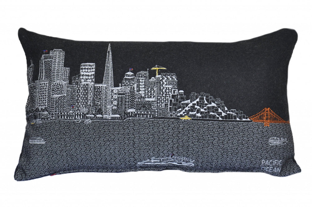 Homeroots 25" Black San Francisco Nighttime Skyline Lumbar Decorative Pillow   482518