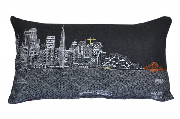 Homeroots 25" Black San Francisco Nighttime Skyline Lumbar Decorative Pillow   482518