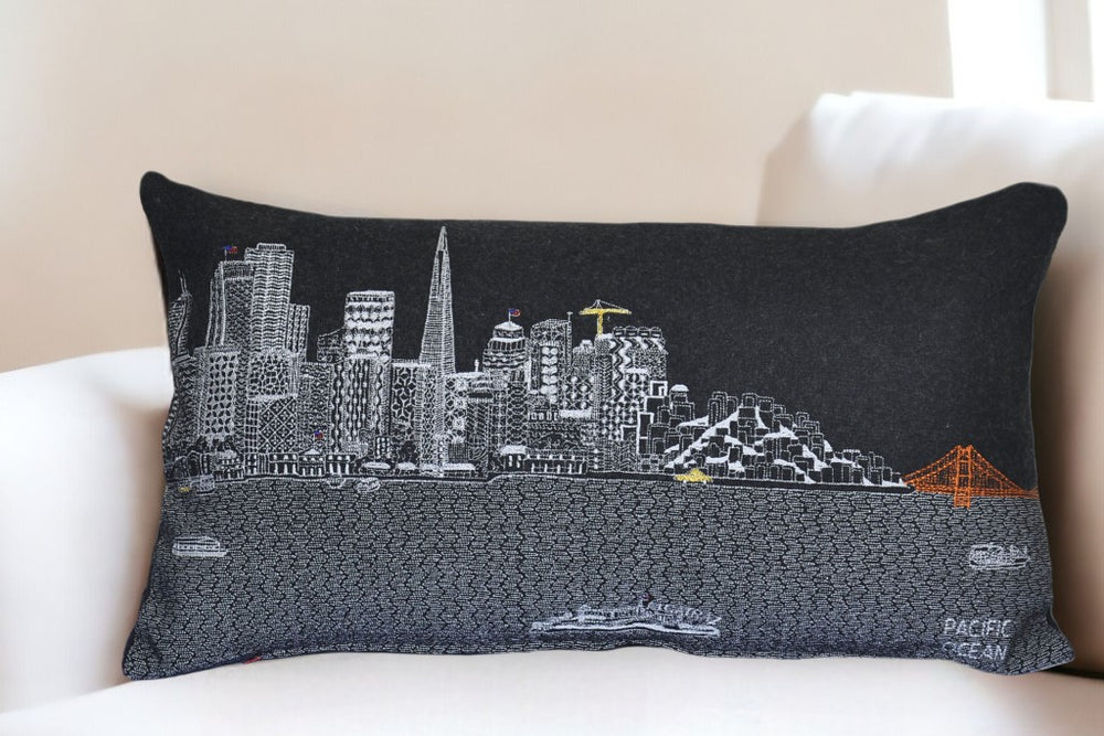 Homeroots 25" Black San Francisco Nighttime Skyline Lumbar Decorative Pillow   482518