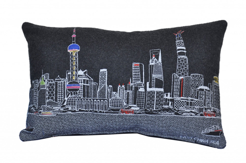 HomeRoots 14" Urban Charm Black Gray White Wool Lumbar Throw Pillow - Cozy Cityscape Design for Home Decor 482520