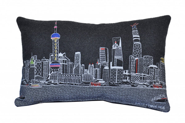 HomeRoots 14" Urban Charm Black Gray White Wool Lumbar Throw Pillow - Cozy Cityscape Design for Home Decor 482520