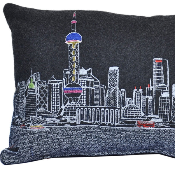 HomeRoots 14" Urban Charm Black Gray White Wool Lumbar Throw Pillow - Cozy Cityscape Design for Home Decor 482520
