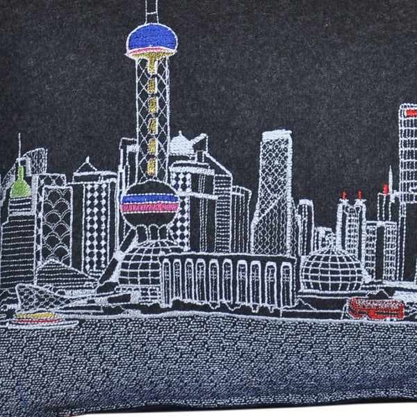 HomeRoots 14" Urban Charm Black Gray White Wool Lumbar Throw Pillow - Cozy Cityscape Design for Home Decor 482520