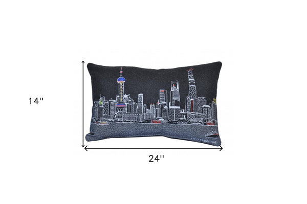 HomeRoots 14" Urban Charm Black Gray White Wool Lumbar Throw Pillow - Cozy Cityscape Design for Home Decor 482520