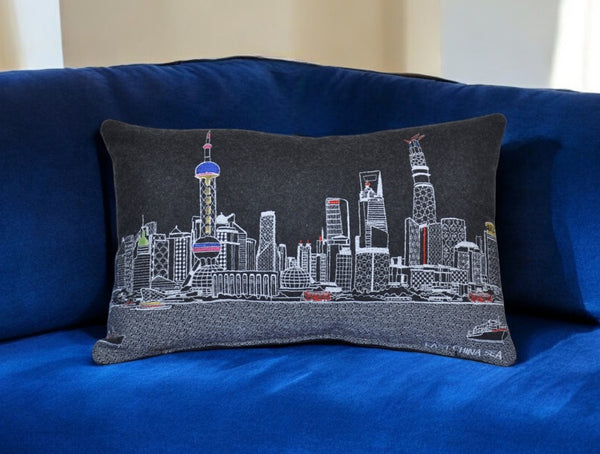 HomeRoots 14" Urban Charm Black Gray White Wool Lumbar Throw Pillow - Cozy Cityscape Design for Home Decor 482520