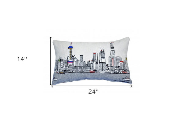 HomeRoots 25" White Shanghai Daylight Skyline Lumbar Pillow - Chic Urban Decor with Comfort & Style for Any Space 482521