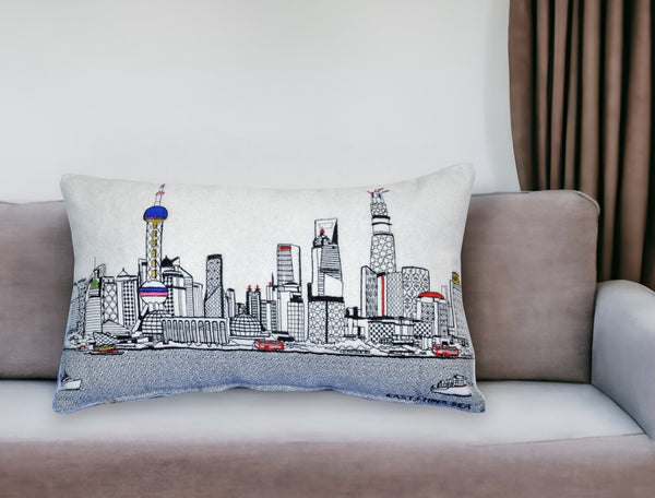 HomeRoots 25" White Shanghai Daylight Skyline Lumbar Pillow - Chic Urban Decor with Comfort & Style for Any Space 482521