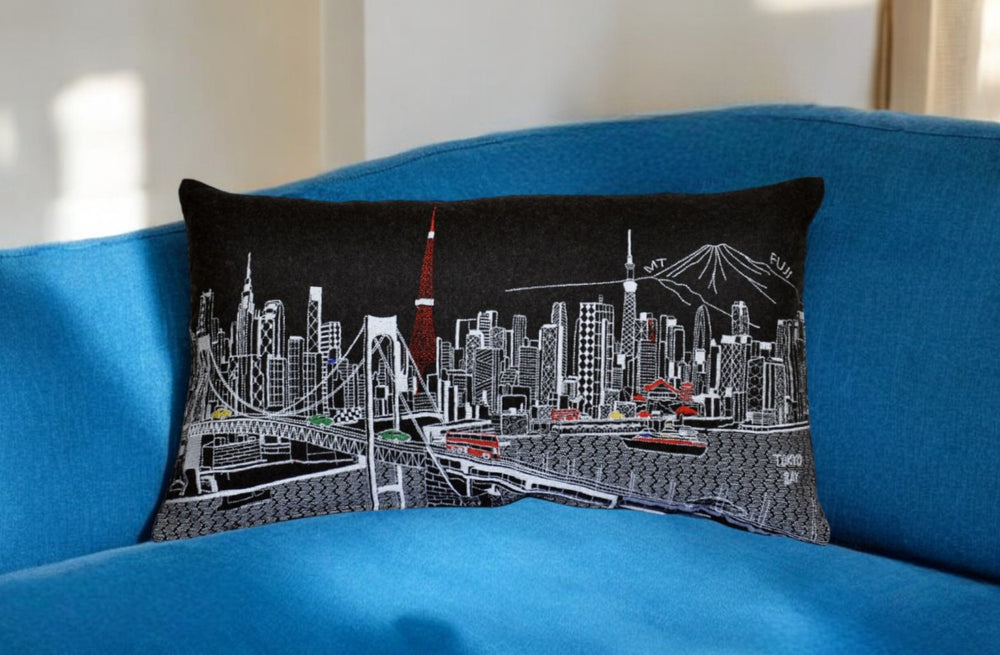 HomeRoots 14" Eclectic Tokyo Cityscape Wool Lumbar Throw Pillow – Cozy Support for Home Decor & Gifts 482524