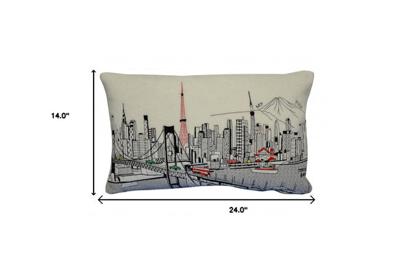Homeroots 25" White Tokyo Daylight Skyline Lumbar Decorative Pillow   482525