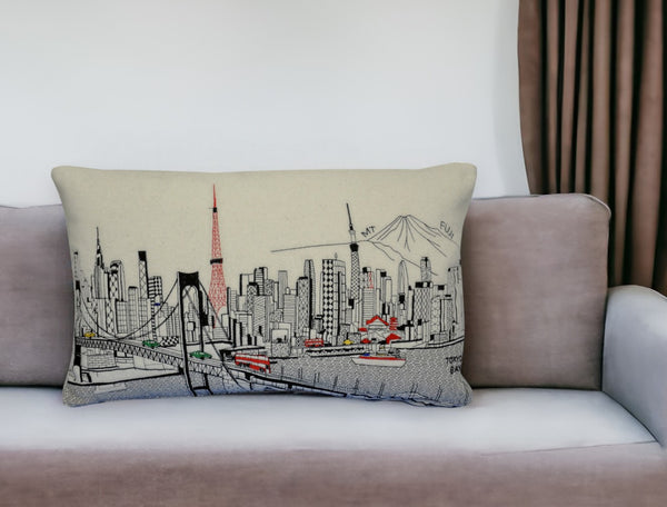 Homeroots 25" White Tokyo Daylight Skyline Lumbar Decorative Pillow   482525