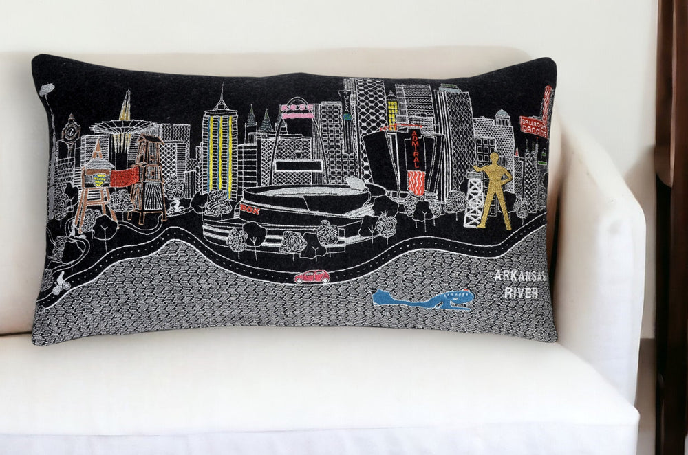 Homeroots 25" Black Tulsa Nighttime Skyline Lumbar Decorative Pillow   482526