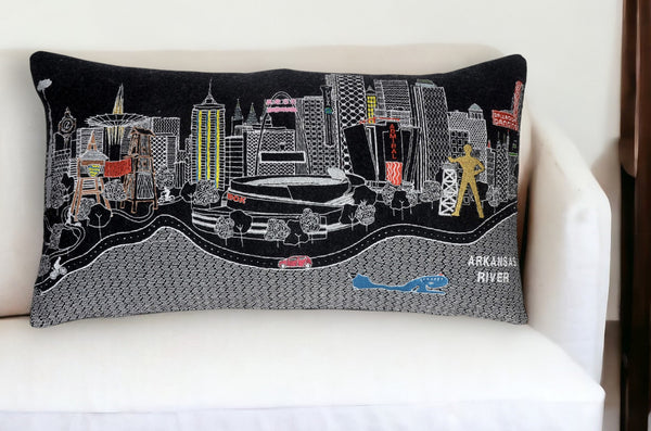 Homeroots 25" Black Tulsa Nighttime Skyline Lumbar Decorative Pillow   482526