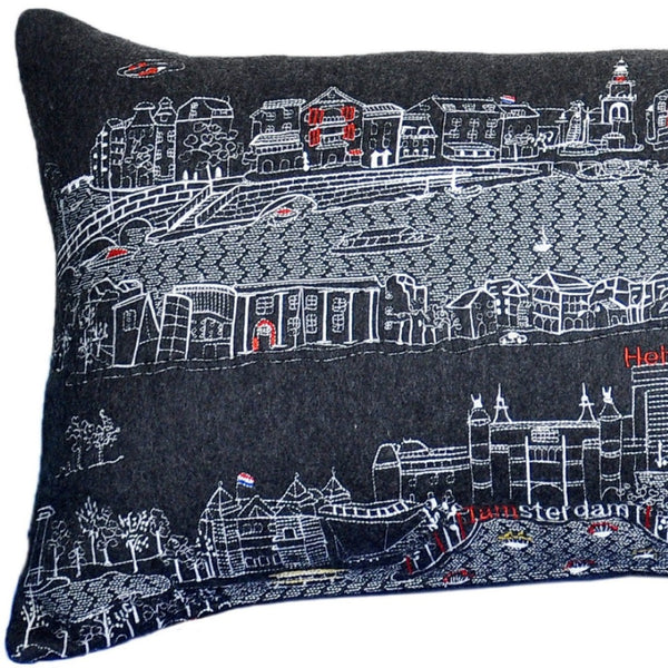 HomeRoots 14" Luxurious Wool Lumbar Throw Pillow - Eclectic Amsterdam Skyline Design for Chic Home Decor 482528