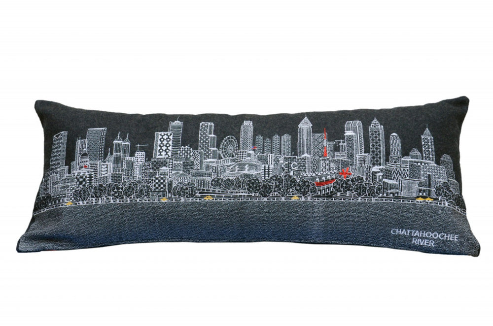 HomeRoots 35" Black Atlanta Skyline Lumbar Pillow - Elegant Embroidered Design for Home & Office Decor 482532