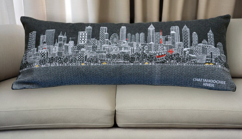 HomeRoots 35" Black Atlanta Skyline Lumbar Pillow - Elegant Embroidered Design for Home & Office Decor 482532