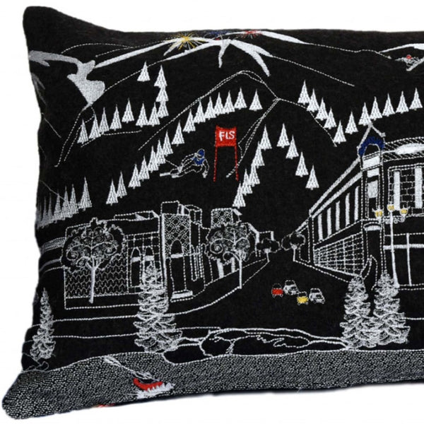 HomeRoots 35" Black Aspen Skyline Lumbar Pillow - Artisan Embroidered Decor for Home, Cabin & Gift Giving 482534