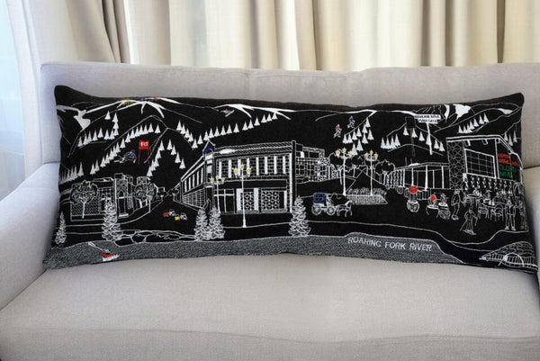 HomeRoots 35" Black Aspen Skyline Lumbar Pillow - Artisan Embroidered Decor for Home, Cabin & Gift Giving 482534