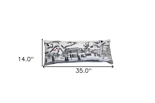 HomeRoots 35" White Aspen Skyline Lumbar Pillow - Chic Home Accent with Embroidered Design & Plush Comfort 482535