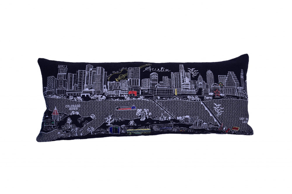 HomeRoots 35" Austin Nighttime Skyline Lumbar Pillow - Artisanal Embroidery, Cozy Support, Unique Home Decor Accent 482536