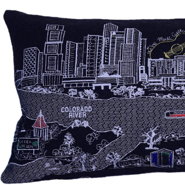 HomeRoots 35" Austin Nighttime Skyline Lumbar Pillow - Artisanal Embroidery, Cozy Support, Unique Home Decor Accent 482536