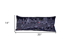 HomeRoots 35" Austin Nighttime Skyline Lumbar Pillow - Artisanal Embroidery, Cozy Support, Unique Home Decor Accent 482536
