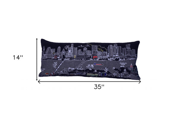 HomeRoots 35" Austin Nighttime Skyline Lumbar Pillow - Artisanal Embroidery, Cozy Support, Unique Home Decor Accent 482536