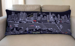 HomeRoots 35" Austin Nighttime Skyline Lumbar Pillow - Artisanal Embroidery, Cozy Support, Unique Home Decor Accent 482536