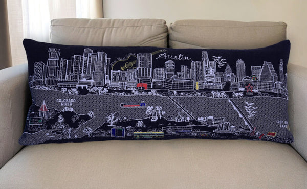 HomeRoots 35" Austin Nighttime Skyline Lumbar Pillow - Artisanal Embroidery, Cozy Support, Unique Home Decor Accent 482536