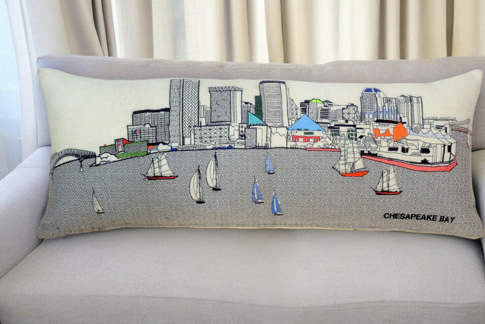 HomeRoots 35" White Baltimore Daylight Skyline Lumbar Pillow - Chic Embroidered Accent for Home Décor & Gifts 482538
