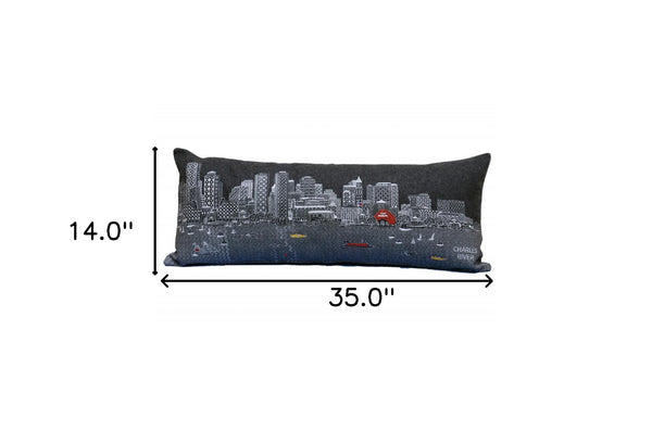 Homeroots 35" Black Boston Nighttime Skyline Lumbar Decorative Pillow   482541