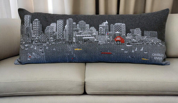 Homeroots 35" Black Boston Nighttime Skyline Lumbar Decorative Pillow   482541