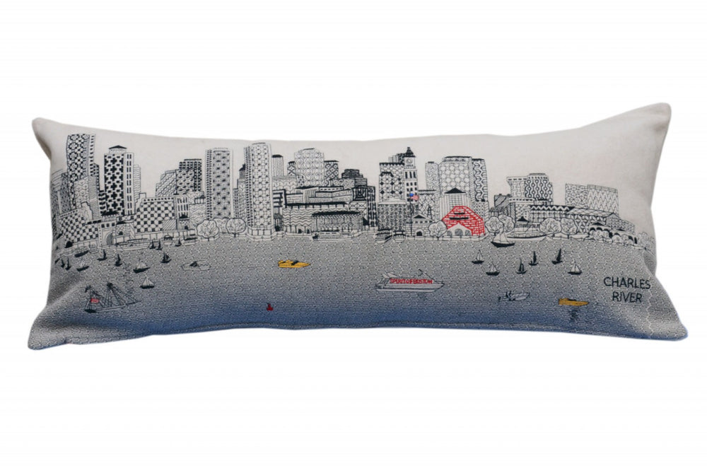 HomeRoots 35" Elegant Boston Skyline Lumbar Pillow - Artisanal Embroidery & Chic Design for Home Decor 482542
