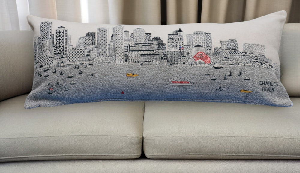 HomeRoots 35" Elegant Boston Skyline Lumbar Pillow - Artisanal Embroidery & Chic Design for Home Decor 482542