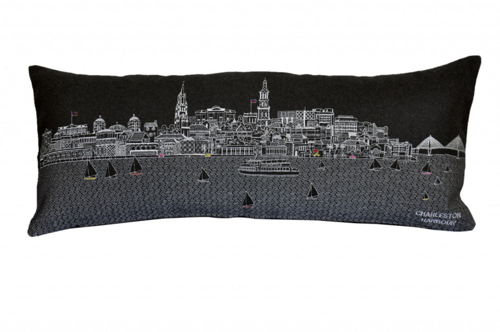 HomeRoots 35" Black Charleston Nighttime Skyline Lumbar Pillow – Handcrafted Art for Chic Home Decor & Support 482545