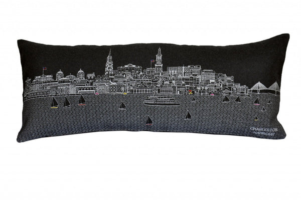 HomeRoots 35" Black Charleston Nighttime Skyline Lumbar Pillow – Handcrafted Art for Chic Home Decor & Support 482545
