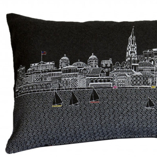 HomeRoots 35" Black Charleston Nighttime Skyline Lumbar Pillow – Handcrafted Art for Chic Home Decor & Support 482545