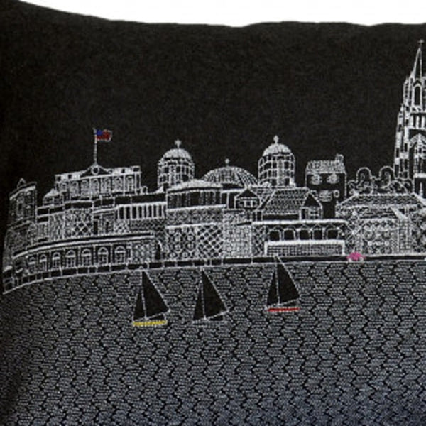 HomeRoots 35" Black Charleston Nighttime Skyline Lumbar Pillow – Handcrafted Art for Chic Home Decor & Support 482545