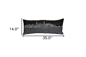 HomeRoots 35" Black Charleston Nighttime Skyline Lumbar Pillow – Handcrafted Art for Chic Home Decor & Support 482545