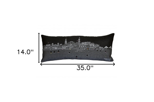 HomeRoots 35" Black Charleston Nighttime Skyline Lumbar Pillow – Handcrafted Art for Chic Home Decor & Support 482545
