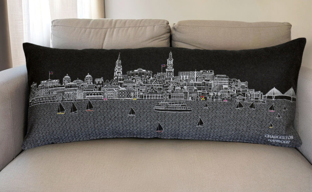 HomeRoots 35" Black Charleston Nighttime Skyline Lumbar Pillow – Handcrafted Art for Chic Home Decor & Support 482545
