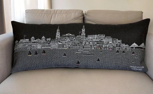 HomeRoots 35" Black Charleston Nighttime Skyline Lumbar Pillow – Handcrafted Art for Chic Home Decor & Support 482545