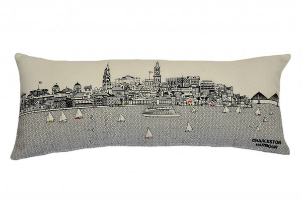 HomeRoots 35" White Charleston Lumbar Pillow - Charming Daylight Skyline Design for Elegant Home Décor 482546