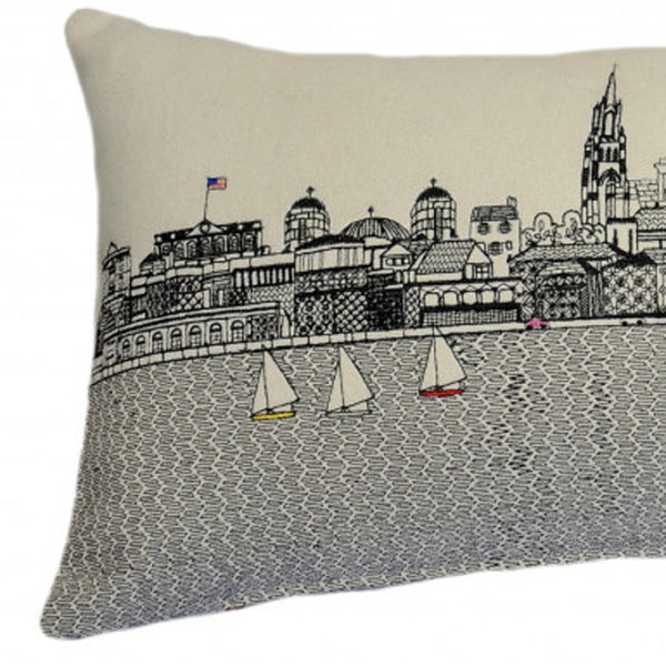 HomeRoots 35" White Charleston Lumbar Pillow - Charming Daylight Skyline Design for Elegant Home Décor 482546