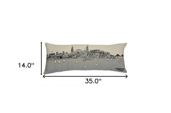 HomeRoots 35" White Charleston Lumbar Pillow - Charming Daylight Skyline Design for Elegant Home Décor 482546