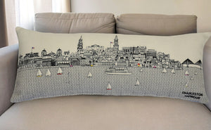 HomeRoots 35" White Charleston Lumbar Pillow - Charming Daylight Skyline Design for Elegant Home Décor 482546