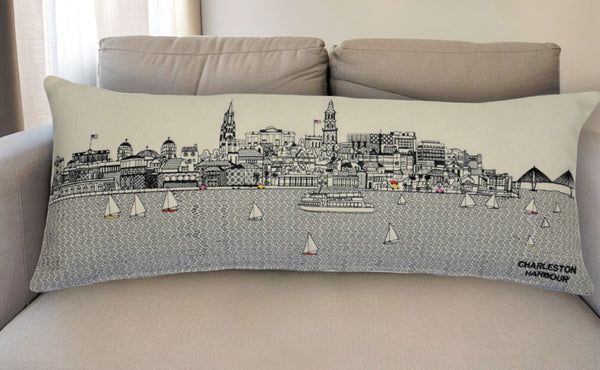 HomeRoots 35" White Charleston Lumbar Pillow - Charming Daylight Skyline Design for Elegant Home Décor 482546