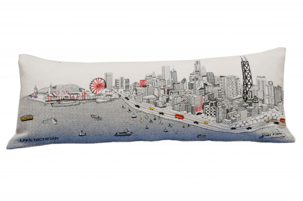 HomeRoots 35" Chic White Chicago Daylight Skyline Lumbar Pillow – Embroidered Comfort for Home Décor Lovers! 482548