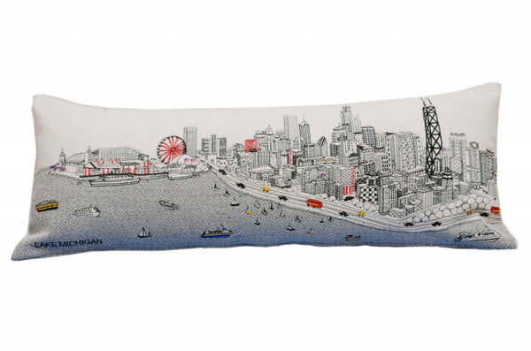 HomeRoots 35" Chic White Chicago Daylight Skyline Lumbar Pillow – Embroidered Comfort for Home Décor Lovers! 482548